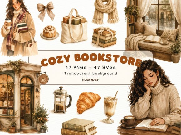 Download Cozy Bookstore Cliparts, Watercolor PNG - Book Collection
