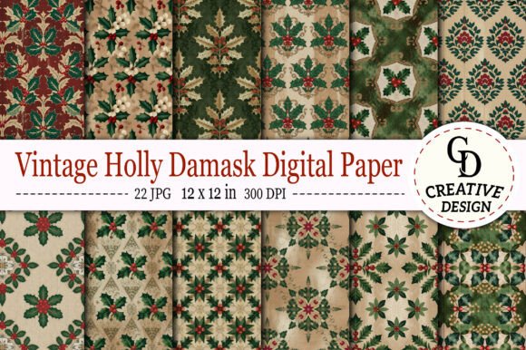 Download Vintage Holly Damask Digital Paper - Vintage holly Collection