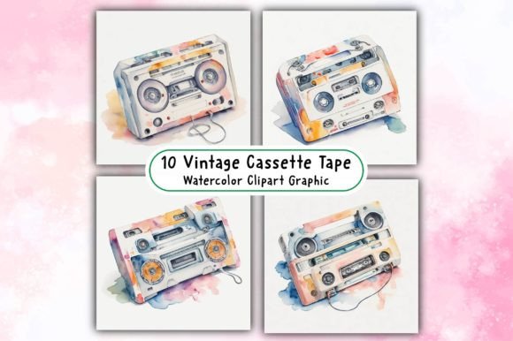 Download Vintage Cassette Tape Watercolor Clipart - Cassette tape Collection