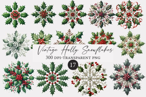 Download Vintage Holly Snowflakes Clipart - Vintage holly Collection